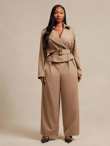 SHEIN SXY Plus Size Women's Solid Color Long Sleeve Jacket And Wide Leg Pants Casual Suit 2 Pieces Set - Khaki - View 8