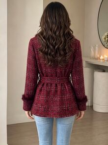 Yalmera Women's Fashionable Versatile Wool Blend Jacket With Waist Tie - Red - View 2