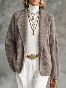 SHEIN Waterfall Collar Drop Shoulder Cardigan - Khaki - View 5