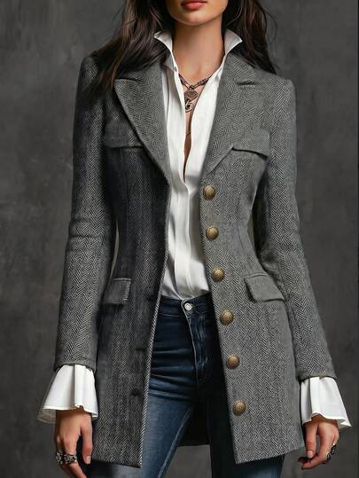 SHEIN Clasi Elegant Button-Up Cinched Waist Long Sleeve Wool Blend Jacket