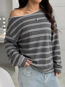SHEIN EZwear 女款韓式不對稱肩條紋拼接配色長袖運動衫 - 彩色 - 查看 4