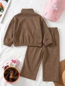SHEIN 女童復古水洗棕色半拉鍊運動衫與寬腿褲套裝，優雅加厚抓絨內裡秋冬套裝 - 棕色 - 查看 3
