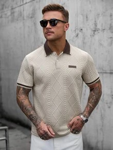 Manfinity CasualCool قميص بولو رجالي بأكمام قصيرة وياقة نصف مفتوحة مع رقعة منسوجة - كاكي - مشاهدة 3