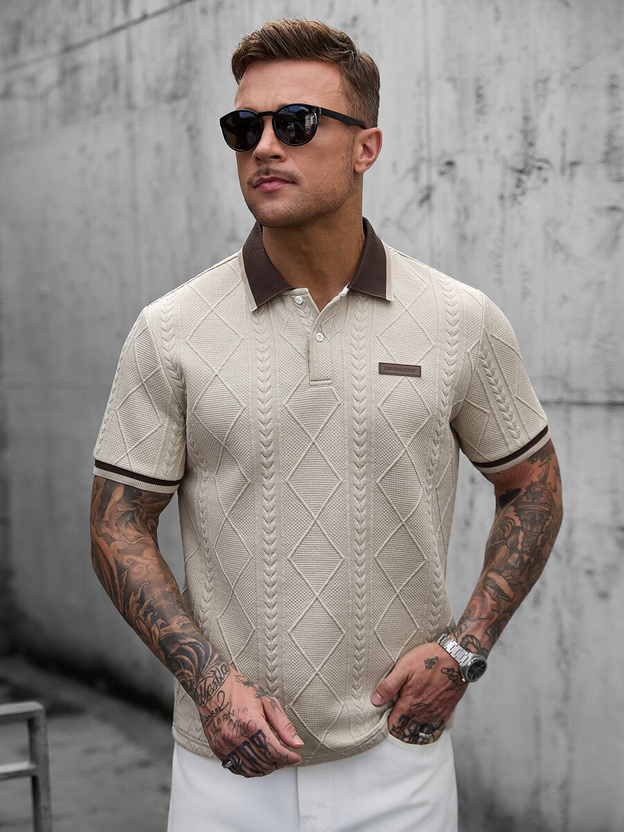 Manfinity CasualCool Men's Textured Patch Half-Placket Short Sleeve Polo Shirt - Khaki - View 1