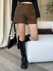 DAZY 女款棕色燈芯絨高腰直筒鈕扣休閒復古街頭風學院風辣妹短褲，秋冬款 - 棕色 - 查看 8