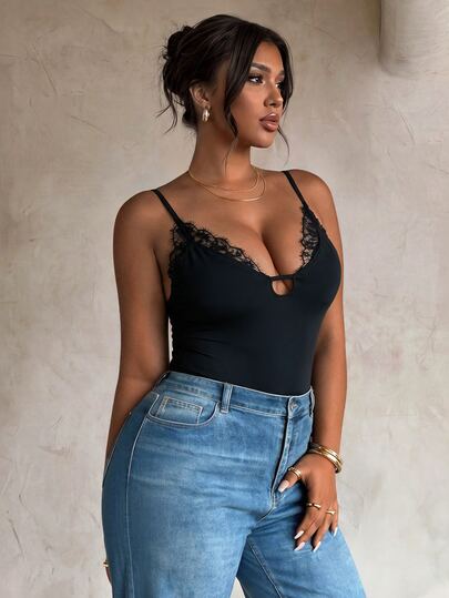 Firerie Camisola sexy y versátil con patchwork de encaje para mujer de talla grande