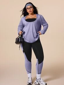 SHEIN Rhythm Era 大尺碼女款長袖連帽T恤與緊身褲對比色運動服套裝 冬季 - 彩色 - 查看 6