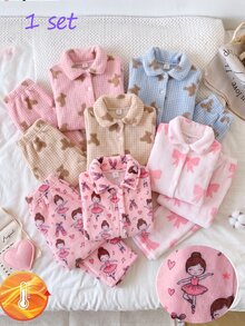 Girls Pink Fleece Bow & Heart Pattern Lapel Front Button Long Sleeve Pants Pajama Set - Multicolor - View 8