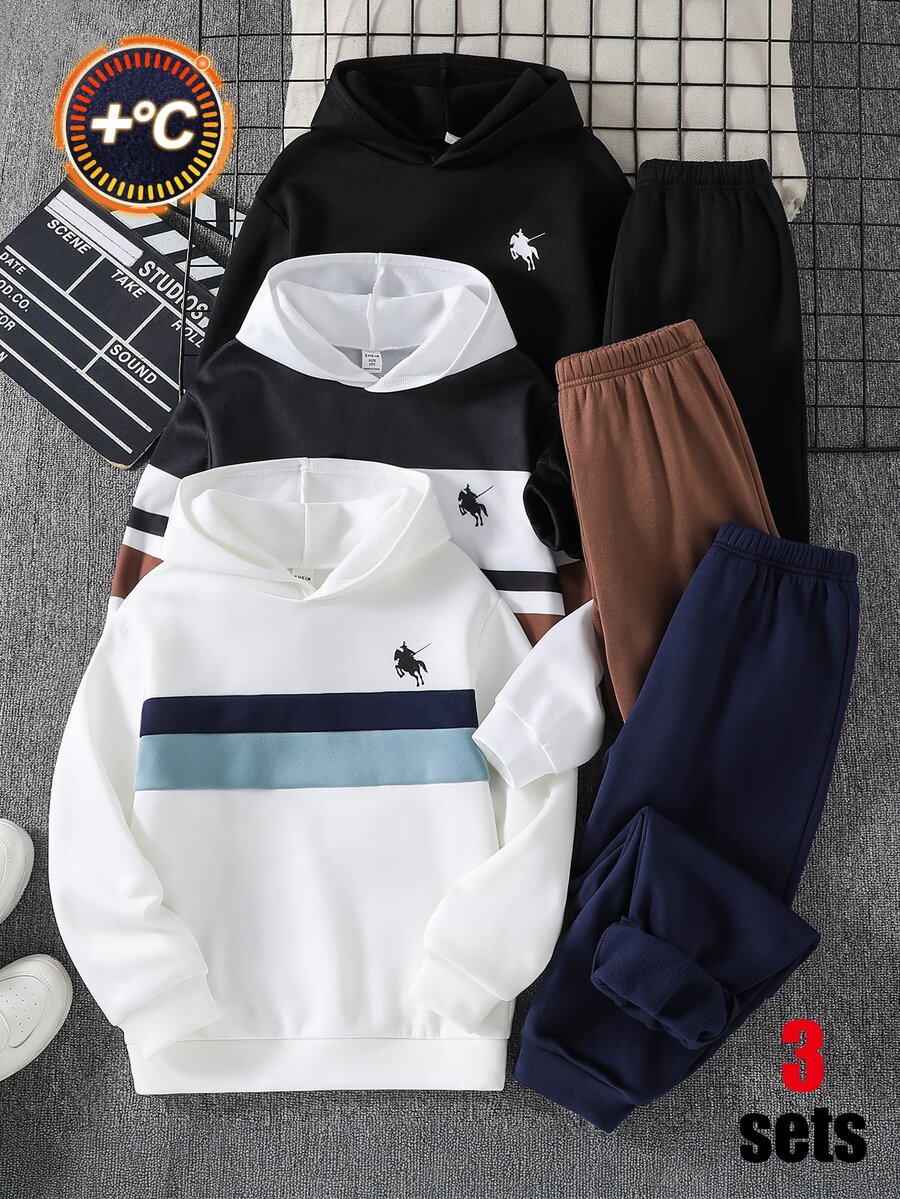 SHEIN 6件組買3送3兒童青少年男孩休閒百搭條紋拼接連帽衛衣與慢跑褲套裝，抓絨內裡加厚，適合秋冬、學校、家庭聚會、開學季、運動，秋季穿搭，冬季穿搭