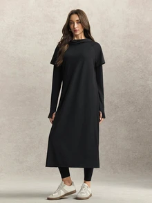 Activina Women's Solid Color Hooded 2 In 1 Sports Dress - Black - View 7