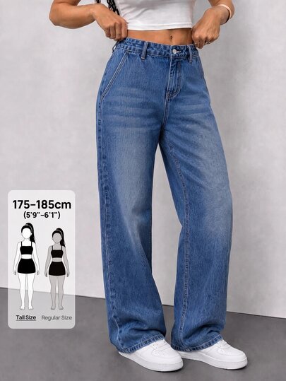SHEIN Tall Calças de ganga femininas de cintura baixa, lavagem clara, casuais, perna larga, para mulher alta