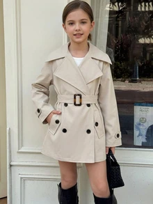 SHEIN 少女優雅雙排扣繫帶風衣法式風格秋冬服飾 - 卡其色 - 查看 9