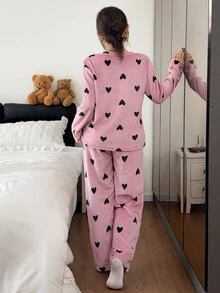 Napfluff Women's Autumn/Winter Plush Heart Print Long Sleeve & Long Pants Loungewear Set - Dusty Pink - View 2