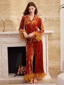 Moireta طقم بيجامة نسائي أنيق بتصميم رقعات وريش على الأكمام، ملابس علوية بأزرار أمامية وأكمام طويلة مع بنطال - البرتقالي مرهق - مشاهدة 6