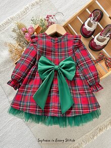 Cozy Pixies Baby Girl Woven Plaid Round Neck 3D Bow Ruffle Trim Mesh Patchwork Casual Dress - Multicolor - View 2