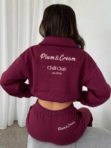Aloruh Women's Autumn/Winter New Sweatshirt Jacket, High Neck Sweatshirt, Purple-Red Sweatshirt, Slogan Sweatshirt - Red Violet - View 6