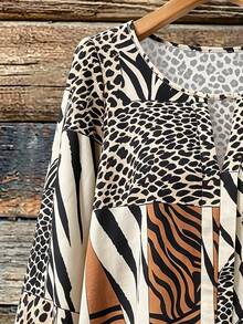 Linhara Plus Size Vacation Leopard & Zebra Print Patchwork Colorblock Top - Multicolor - View 3