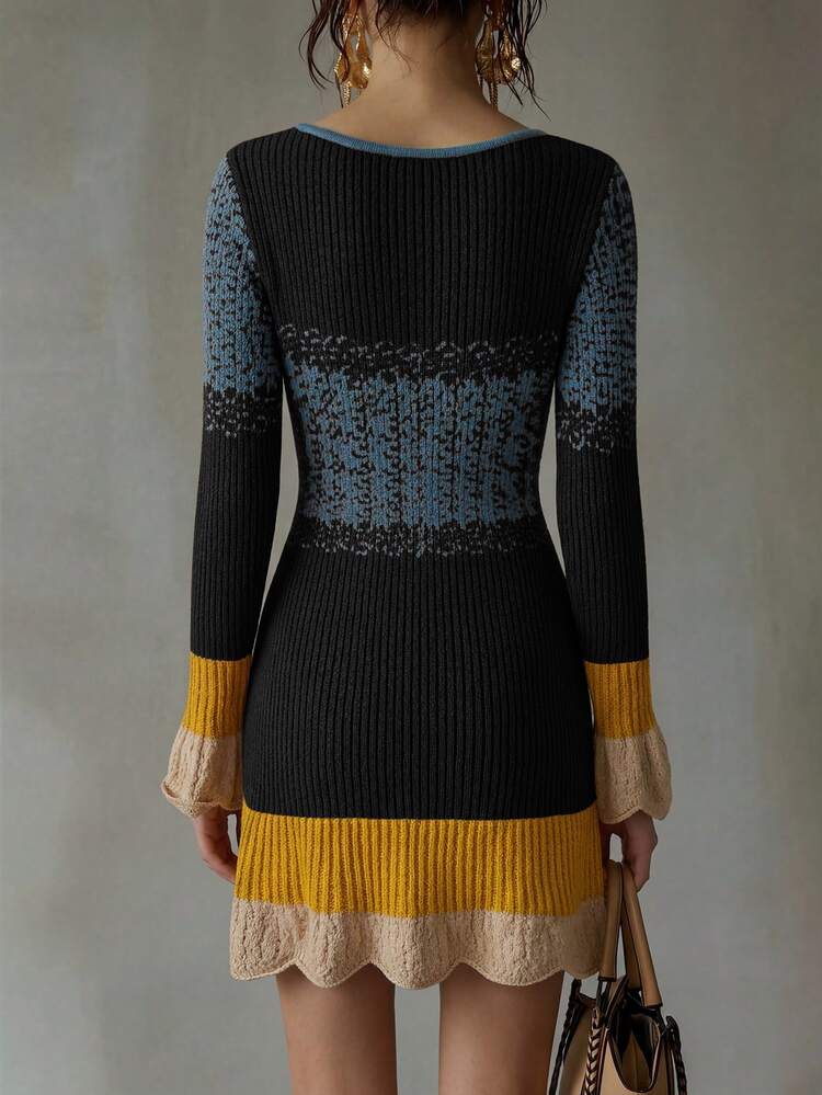 LUMIGAL Vintage Boho V-Neck Colorblock Knit Sweater Dress, Ruffle Hem, Slim Fit Brunch Brown And Blue Autumn - Black - View 2