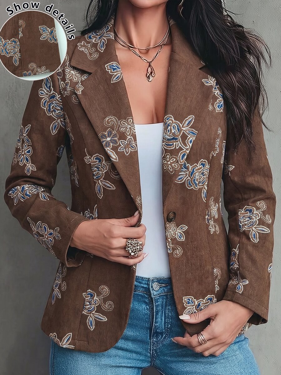 Linhara CURVE Plus Size Women's Floral Print Casual Commute Blazer - Brown - View 1