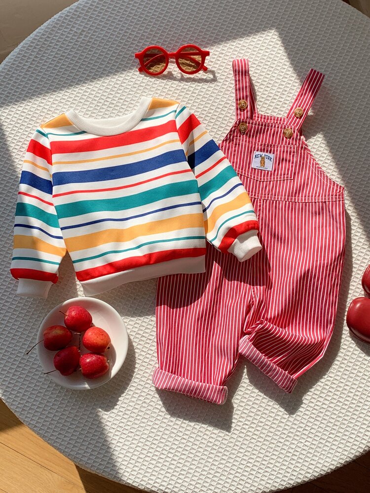 SHEIN Unisex Newborn Baby Boy/Girl, Baby Boy 2pcs Autumn/Winter Fleece Lined Thickened Cute Striped Sweatshirt Set, Romper Set, Halloween, Christmas - Red - View 3