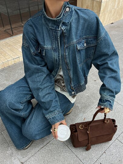 DAZY Women's Zipper Front Drop Shoulder Long Sleeve Jacket And Pants Casual Denim Set
