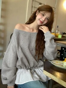 Dazy Tall Women's Korean Style Long Sleeve Patchwork Hem 2 In 1 Sweatshirt - Grey - View 4
