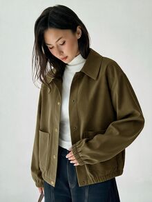 Aloruh Women's Solid Color Long Sleeve Single-Breasted Casual Jacket - Army Green - View 8