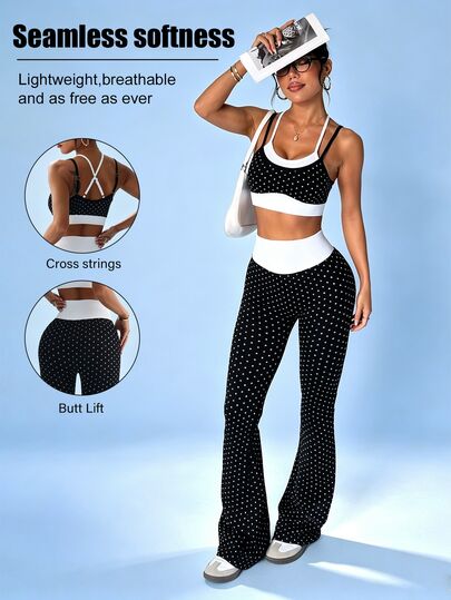 SHEIN Sovereign Charm Seamless Knit Women's Polka Dot Sports Set