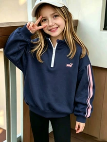可愛小狗圖案半拉鍊運動衫，適合小女孩秋冬穿著，舒適簡約休閒日常風格 - 彩色 - 查看 3