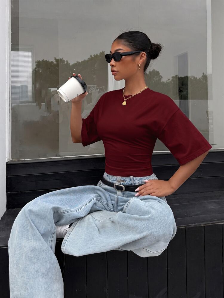 Muchica Women's Knitted All-Match Fashion Versatile Batwing Sleeve T-Shirt - Burgundy - View 4