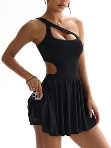 SHEIN Dewbera Women's Solid Color One-Shoulder Cutout Design Sleeveless Sports Dress - Black - View 6