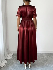 Juhart 大尺碼女款 V 領蕾絲拼接休閒派對洋裝 - 酒紅色 - 查看 2
