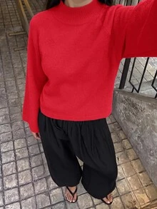 SHEIN BAE كنزة نسائية جديدة بياقة نصف عالية وأكمام راجلان فضفاضة بطول 3/4 بتصميم مريح متعدد الاستخدامات وإطلالة جذابة - Fiery Red - مشاهدة 2