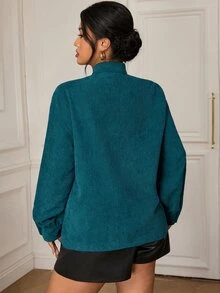 EastFlair Plus Size Women's Elegant Long Sleeve Top With Frog Button Front Fall - Green - View 6