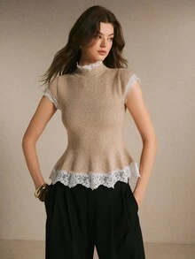 Poéselle Women's Contrast Lace Stand Collar Cap Sleeve Elegant Knit Top - Apricot - View 1