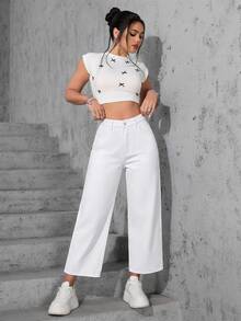 SHEIN ICON 大尺碼女款街頭休閒淺藍色無彈力牛仔直筒長褲 - 白色 - 查看 5
