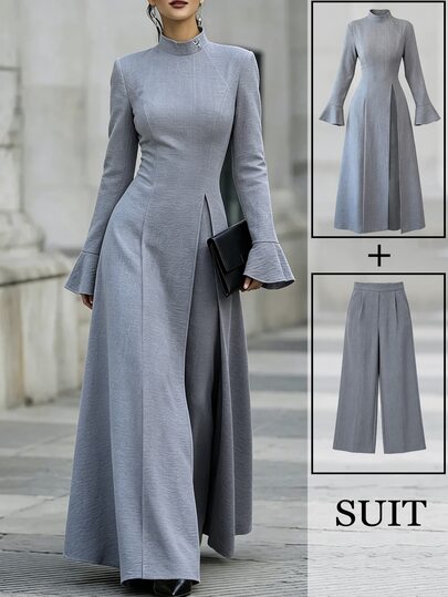 Elenzga Women's Spring/Autumn French Style Elegant Minimalist Luxury Casual Vacation Commute Comfortable Solid Color Faux Linen Fabric Stand Collar Cinched Waist Flared Long Sleeve Tie Front Slit Extra Long Shirt With Pockets And Long Pants Set