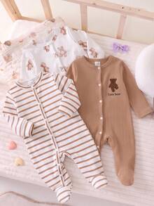 Newborn Long Sleeve Footed Romper, Khaki Soft Ribbed Bear Embroidery Baby Jumpsuit, Round Neck Front Button Closure Footed Baby - Multicolor - View 2