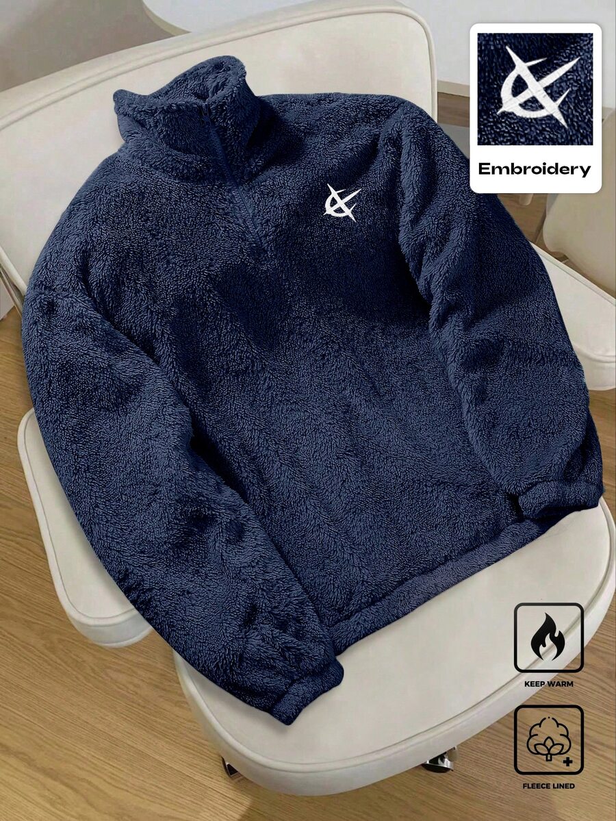 Daypath 1件男士套頭衛衣,深灰色抓絨內裡,刺繡設計,大膽個性,適合室內外穿著,休閒、運動、通勤、返校、度假,送給男朋友/丈夫的理想禮物,情侶穿搭 - 藏蓝色 - 查看 1