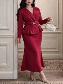 Vibekara Burgundy Suit Collar 2 Pieces Set, Party Dress With Cinched Waist Ruffle Top And Mermaid Skirt, Elegant Outfit - Burgundy - View 6