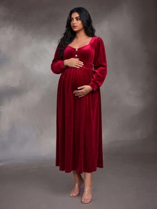 SHEIN Gaun Pesta Malam Hamil Ukuran Plus Lengan Panjang Beludru Burgundy Leher Persegi Dekorasi Gesper Berlian Potongan A-Line Elegan - Burgundy - View 4
