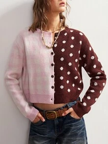 Bohemela Women's Patchwork Polka Dot Long Sleeve Single-Breasted Knit Cardigan - Pink - View 4