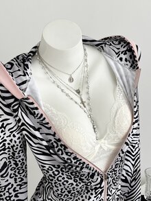 Elamini Vintage Sweet & Spicy Y2K Grey & Pink Patchwork Zebra Print Hooded Slim Fit Sweatshirt - Grey - View 5
