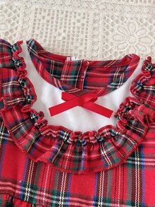 SHEIN 2pcs Baby Girls Princess Dress Sweet Red Plaid Bow Ruffle Lace Trimmed Hem Long Sleeve Ruffle Regular Winter Holiday Burgundy Chic Match Hat - Red - View 7
