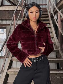 SHEIN Unity 女款拉鍊短版泰迪毛絨外套 黑色毛皮夾克 短版外套 - 酒紅色 - 查看 4