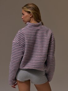 Musera Sport بلوزة رياضية من الفليس بتصميم مخطط وبورج، بياقة عالية وسحاب كامل، فضفاضة مع حافة مطاطية، لطيفة وأنثوية، للخريف والشتاء، مناسبة للجيم والعطلات، بتصميم رقيق وبارد - متعدد الألوان - مشاهدة 4