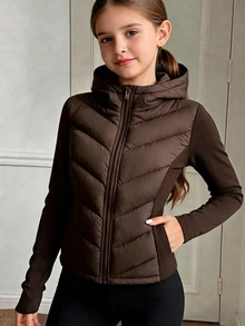 SHEIN Reset Phase 女童冬季連帽長袖休閒端莊可愛機車風棒球修身輕量填充外套 刷毛健身校外校園深棕色 - 棕色 - 查看 1