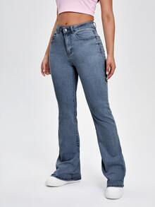 SHEIN EZwear 女款休閒百搭喇叭褲牛仔褲，附口袋 - 藍色 - 查看 4