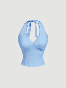 SHEIN MOD 女款時尚對比蕾絲掛脖上衣 2件套 - 藍色 - 查看 8