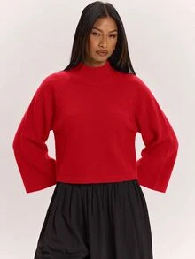 SHEIN BAE كنزة نسائية جديدة بياقة نصف عالية وأكمام راجلان فضفاضة بطول 3/4 بتصميم مريح متعدد الاستخدامات وإطلالة جذابة - Fiery Red - مشاهدة 6